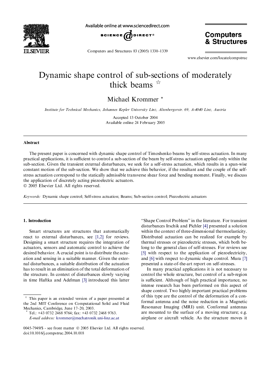 Dynamic shape control of sub-sections of moderately thick beams