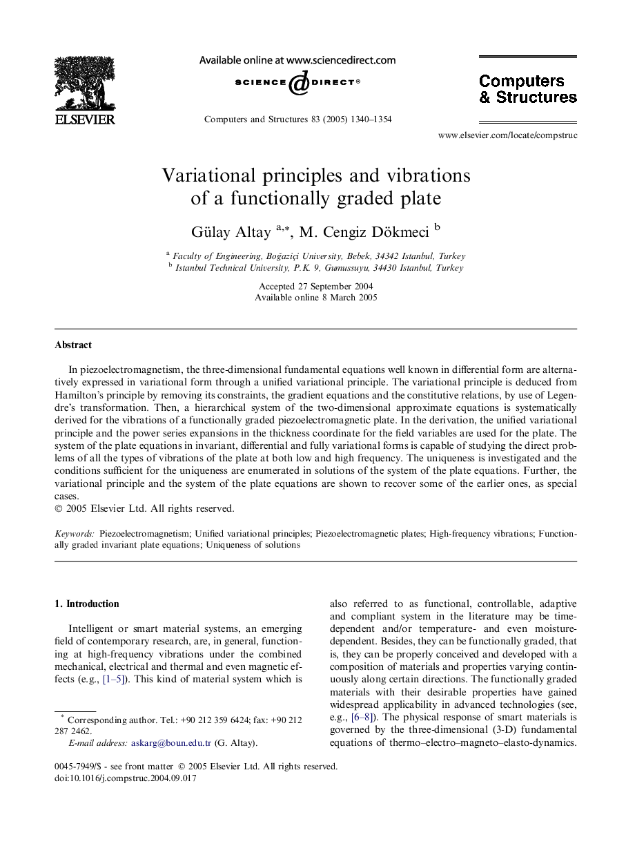 Variational principles and vibrations of a functionally graded plate