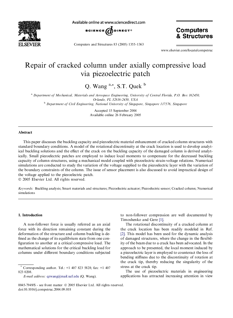 Repair of cracked column under axially compressive load via piezoelectric patch