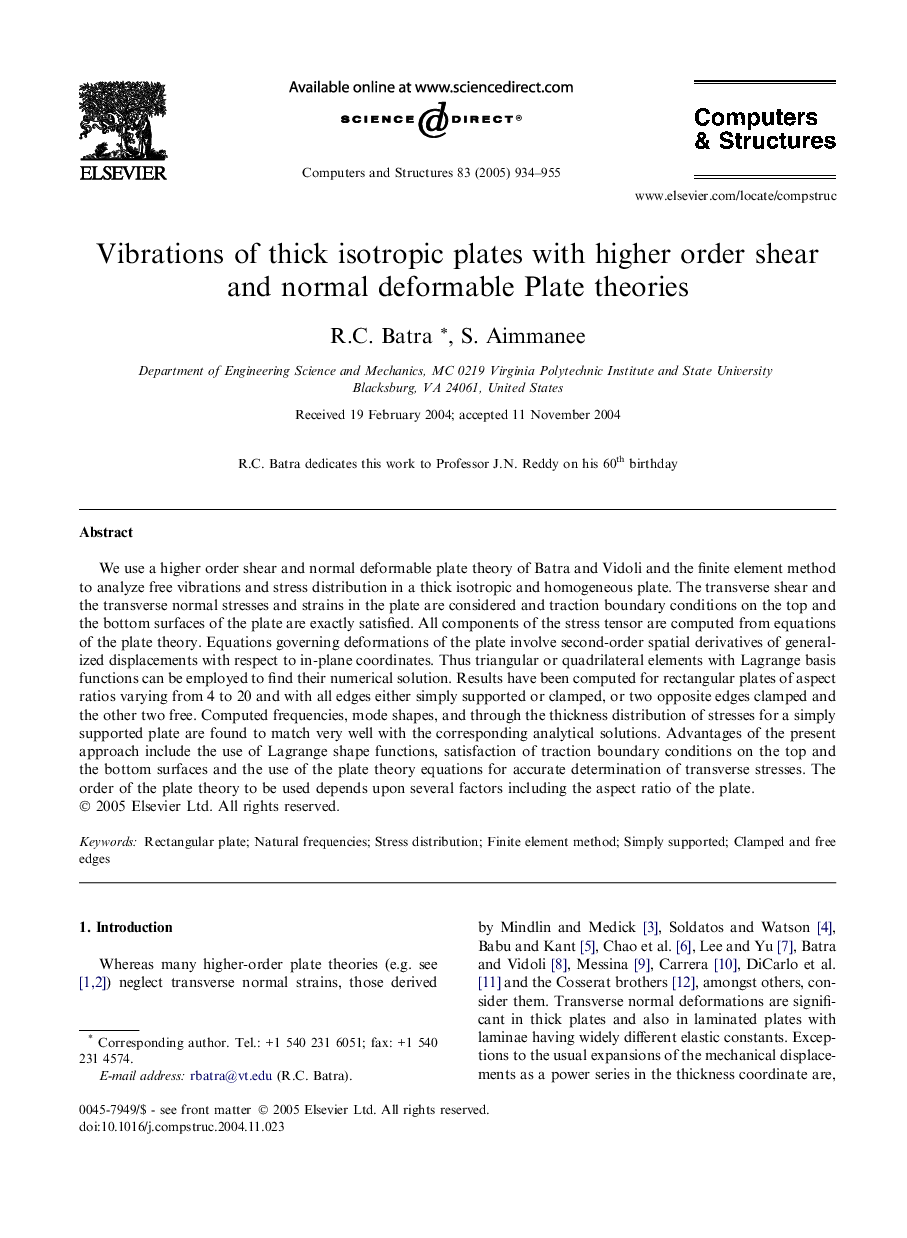 Vibrations of thick isotropic plates with higher order shear and normal deformable Plate theories