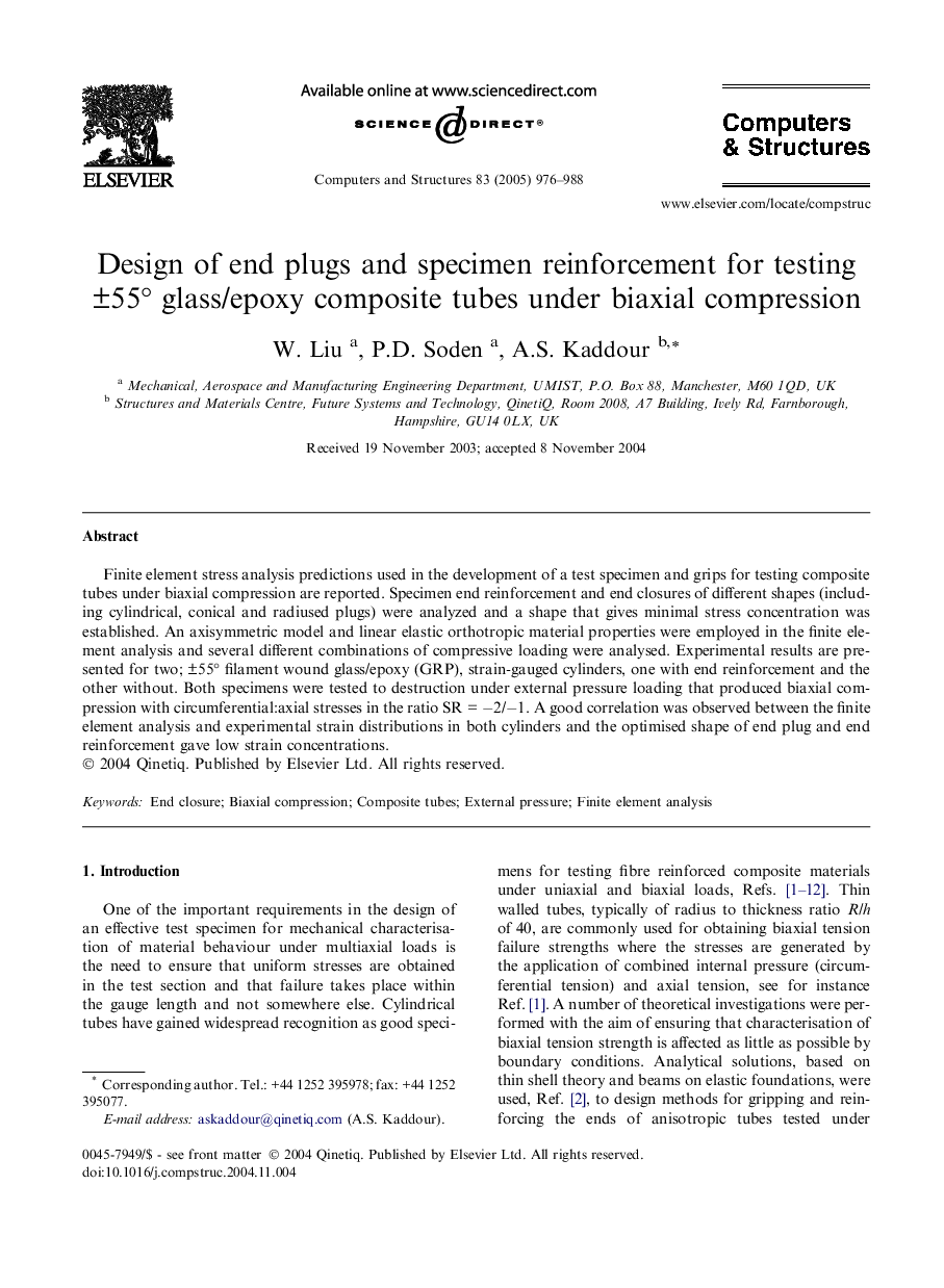 Design of end plugs and specimen reinforcement for testing Â±55Â° glass/epoxy composite tubes under biaxial compression