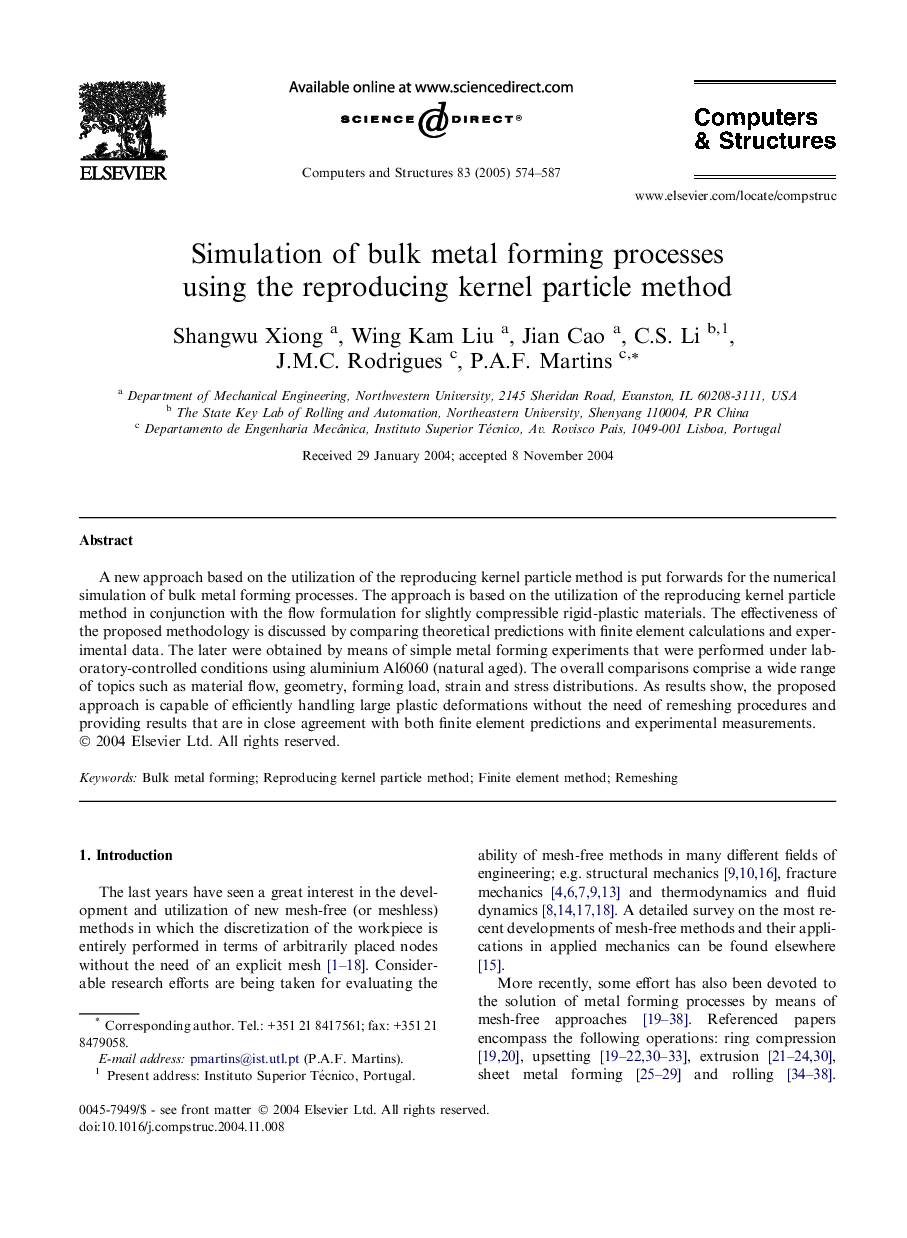 Simulation of bulk metal forming processes using the reproducing kernel particle method