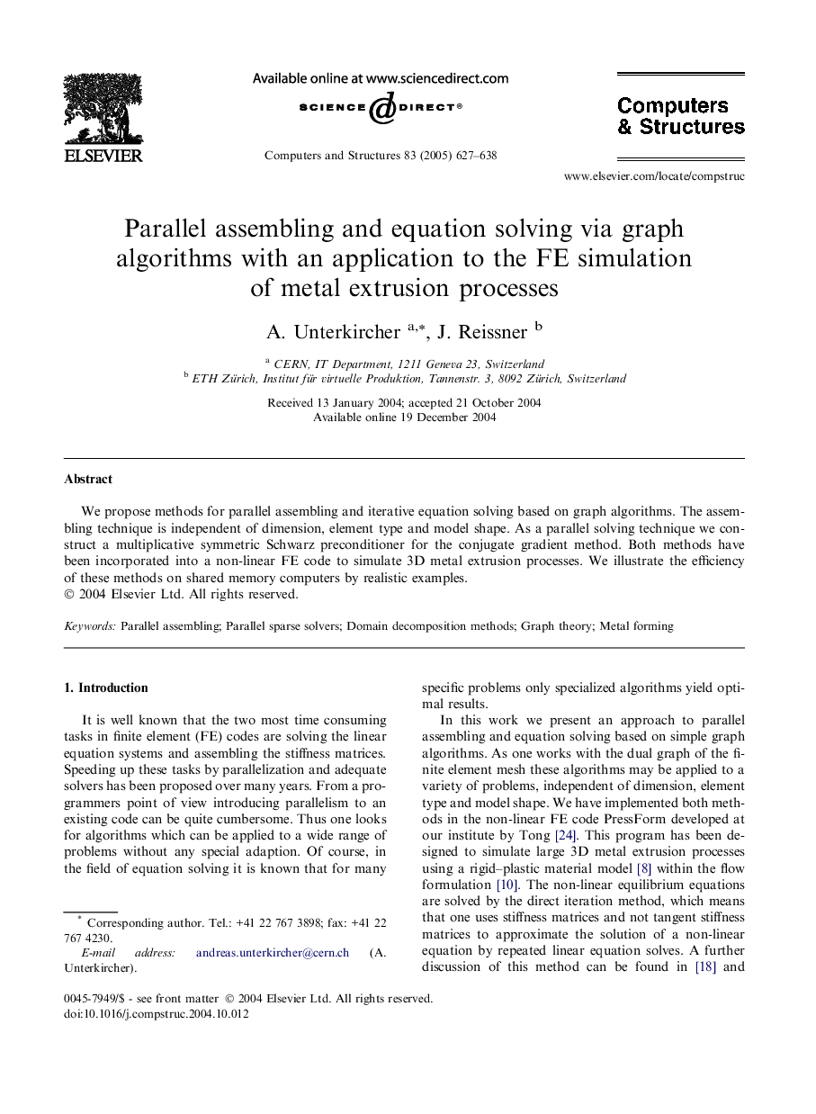 Parallel assembling and equation solving via graph algorithms with an application to the FE simulation of metal extrusion processes