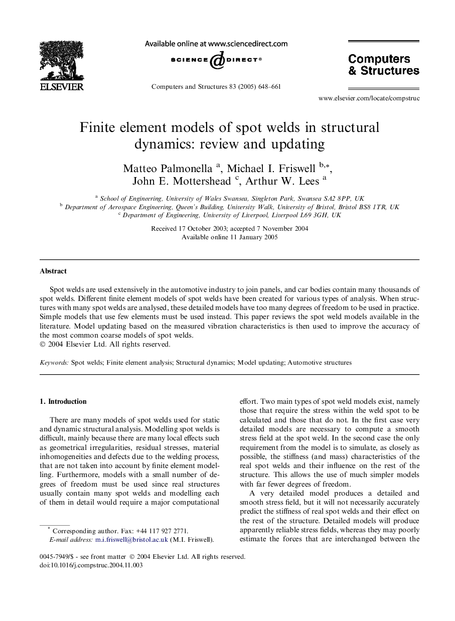 Finite element models of spot welds in structural dynamics: review and updating