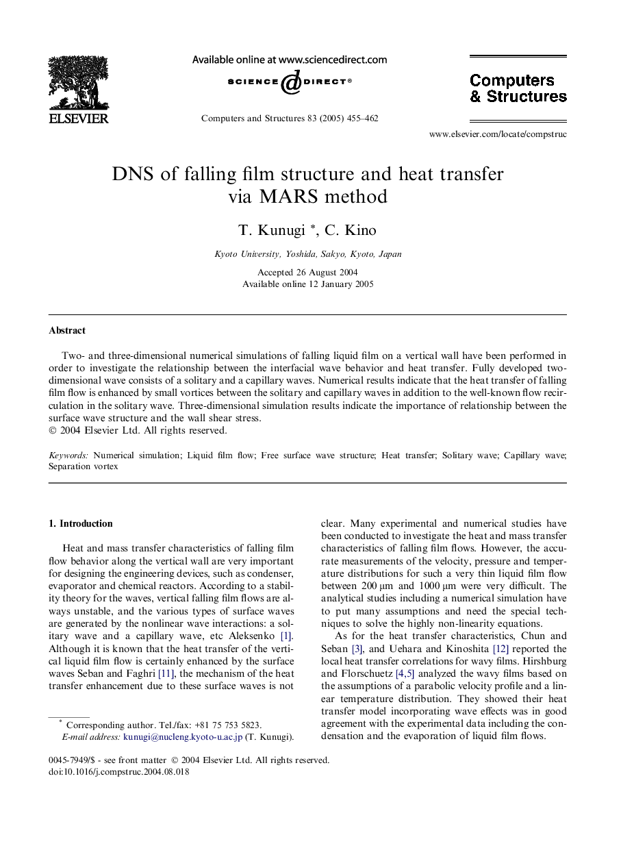 DNS of falling film structure and heat transfer via MARS method