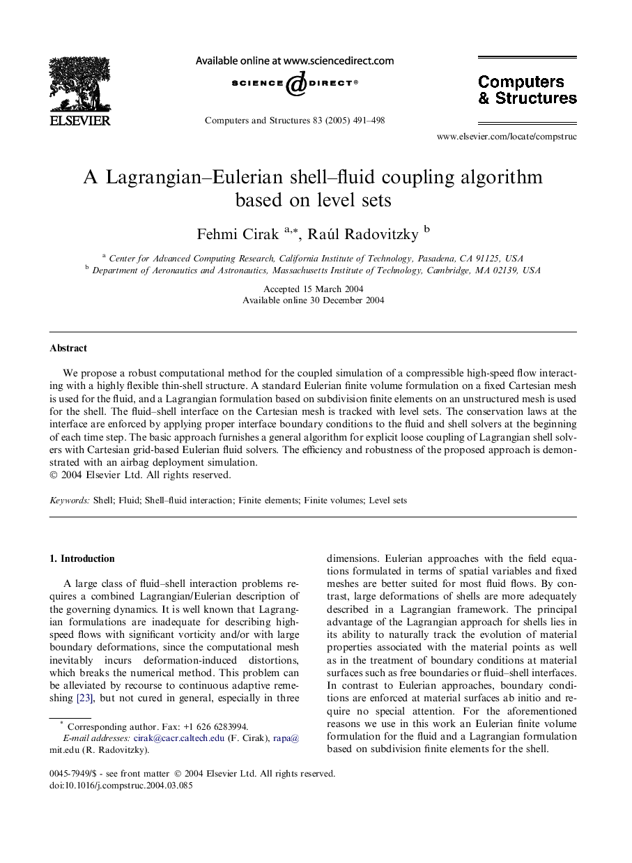 A Lagrangian-Eulerian shell-fluid coupling algorithm based on level sets