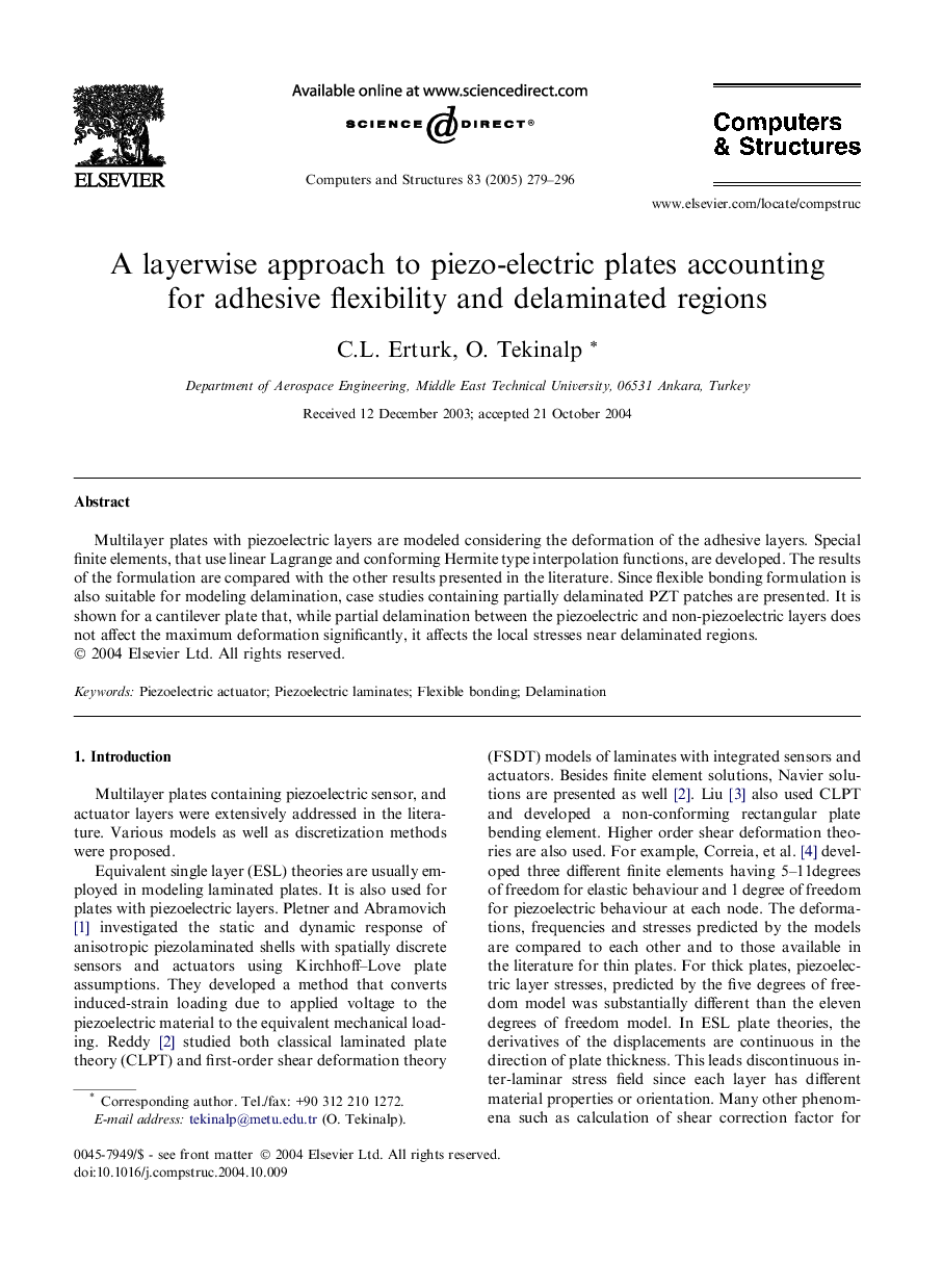 A layerwise approach to piezo-electric plates accounting for adhesive flexibility and delaminated regions