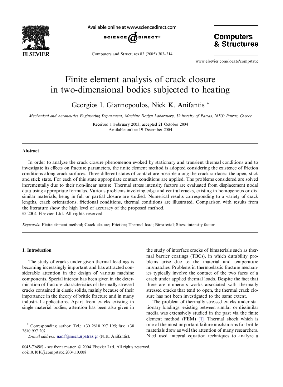 Finite element analysis of crack closure in two-dimensional bodies subjected to heating