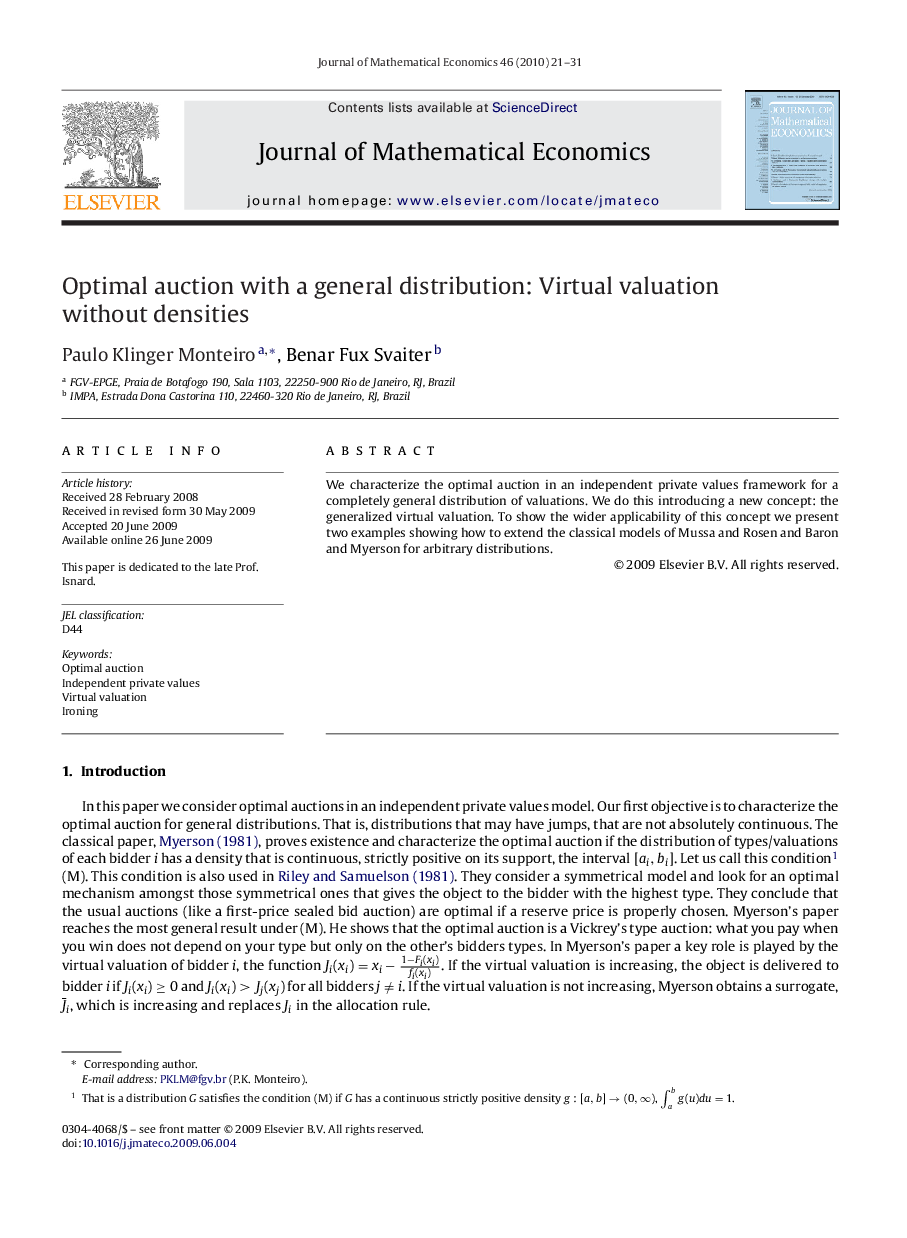 Optimal auction with a general distribution: Virtual valuation without densities