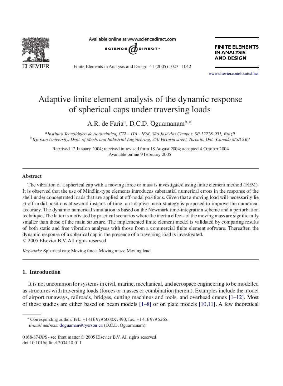 Adaptive finite element analysis of the dynamic response of spherical caps under traversing loads