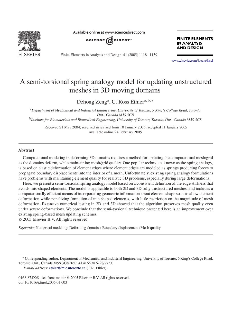 A semi-torsional spring analogy model for updating unstructured meshes in 3D moving domains