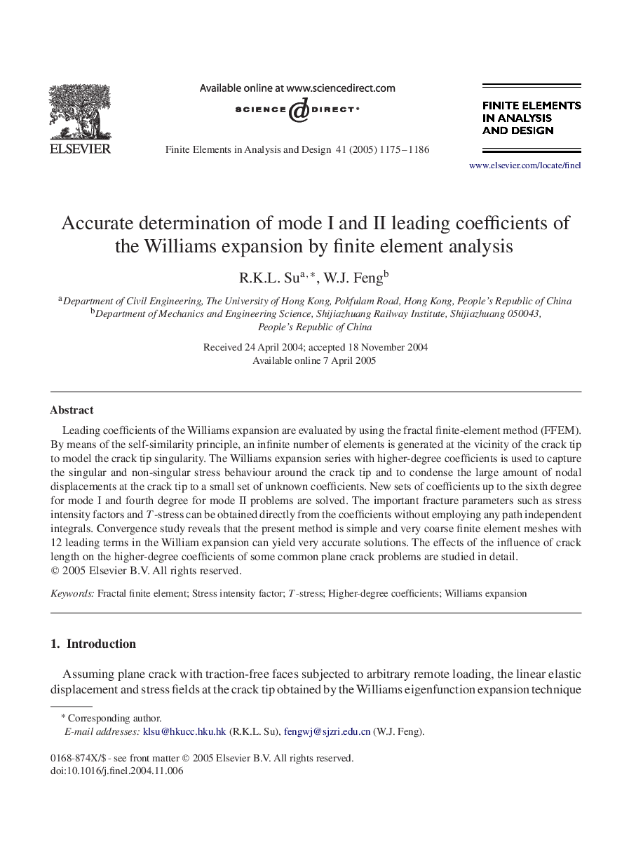 Accurate determination of mode I and II leading coefficients of the Williams expansion by finite element analysis