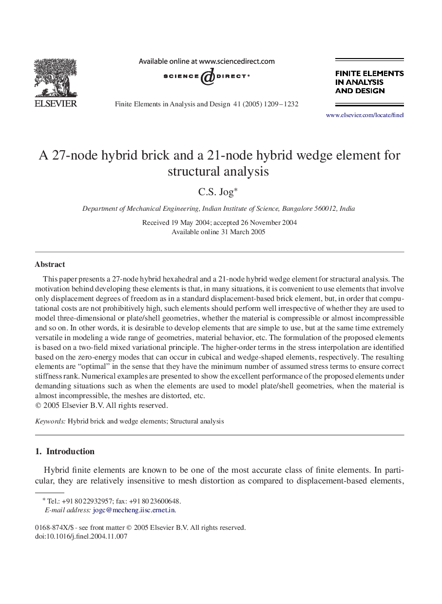 A 27-node hybrid brick and a 21-node hybrid wedge element for structural analysis