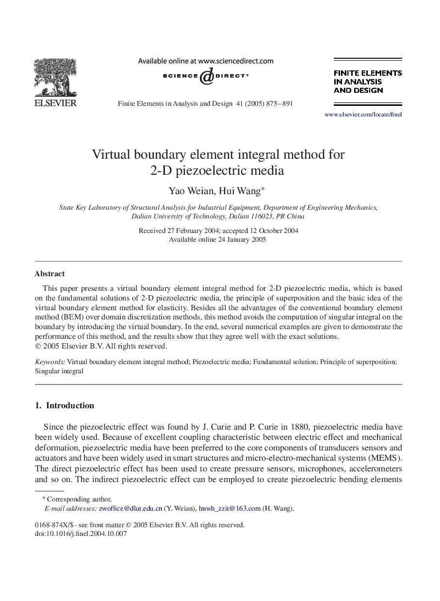 Virtual boundary element integral method for 2-D piezoelectric media