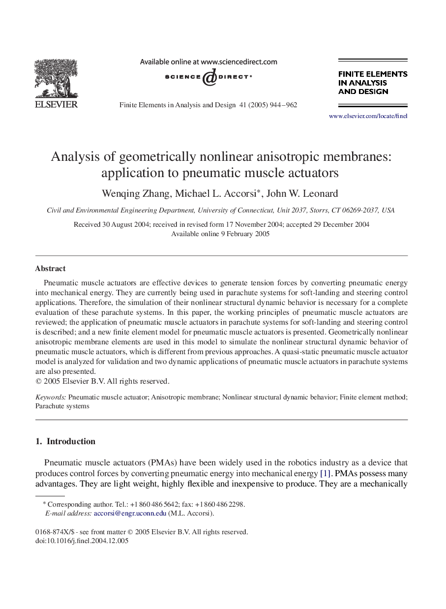 Analysis of geometrically nonlinear anisotropic membranes: application to pneumatic muscle actuators