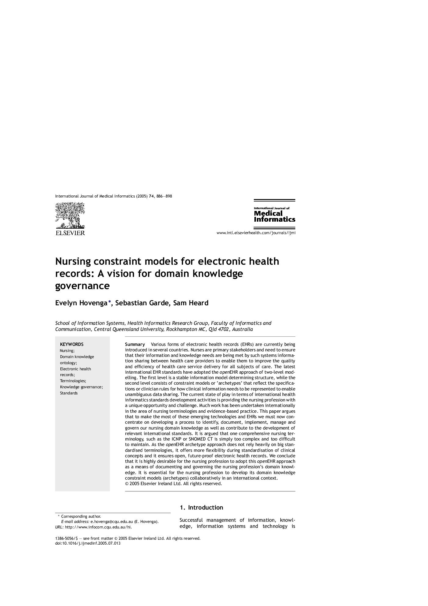 Nursing constraint models for electronic health records: A vision for domain knowledge governance