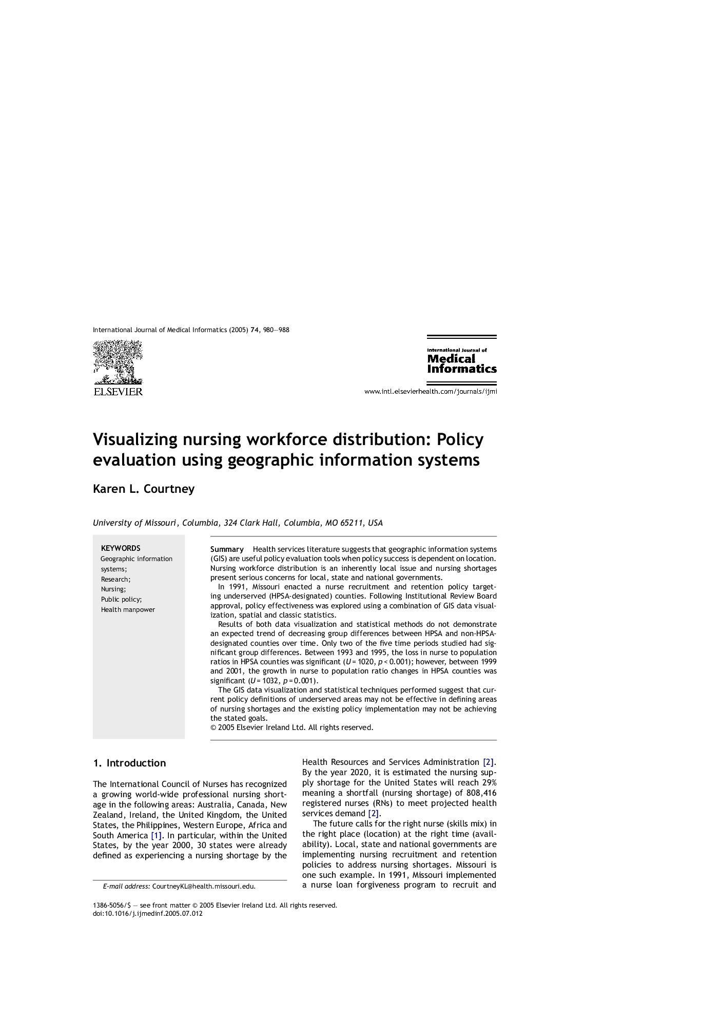 Visualizing nursing workforce distribution: Policy evaluation using geographic information systems