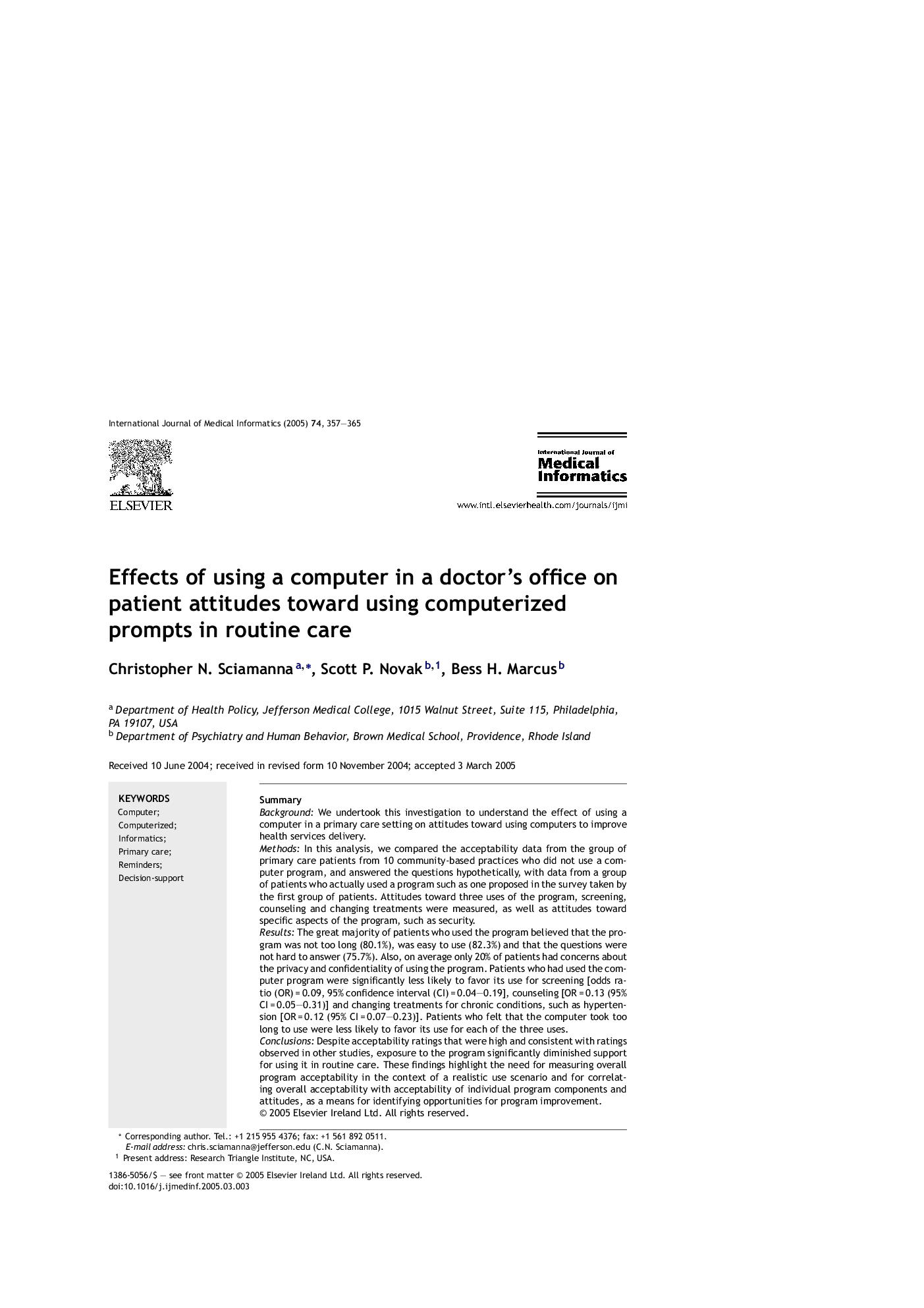 Effects of using a computer in a doctor's office on patient attitudes toward using computerized prompts in routine care