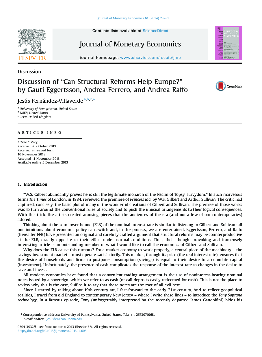 عکس صفحه اول مقاله: Discussion of “Can Structural Reforms Help Europe?” by Gauti Eggertsson, Andrea Ferrero, and Andrea Raffo Discussion of “Can Structural Reforms Help Europe?” by Gauti Eggertsson, Andrea Ferrero, and Andrea Raffo