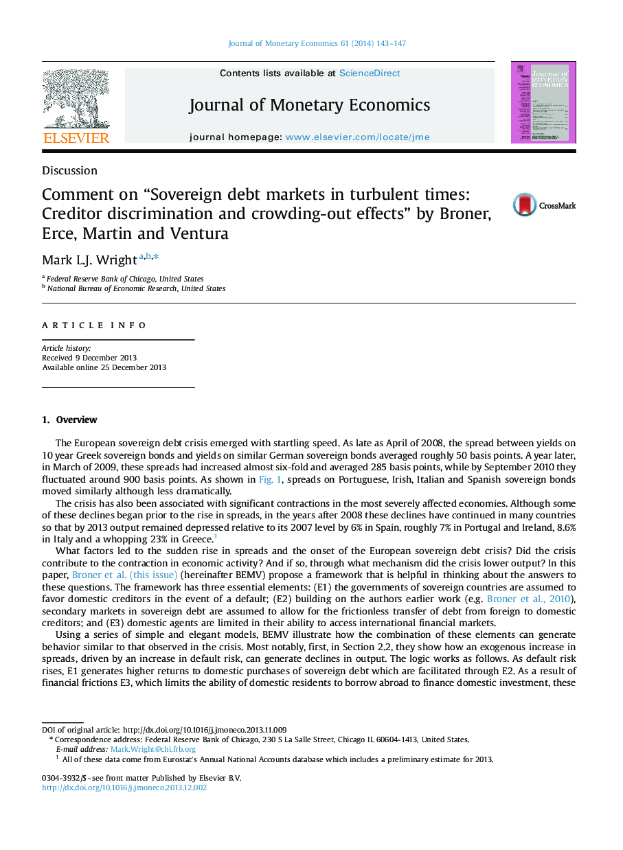 عکس صفحه اول مقاله: Comment on “Sovereign debt markets in turbulent times: Creditor discrimination and crowding-out effects” by Broner, Erce, Martin and Ventura Comment on “Sovereign debt markets in turbulent times: Creditor discrimination and crowding-out effects” by Broner, Erce, Martin and Ventura