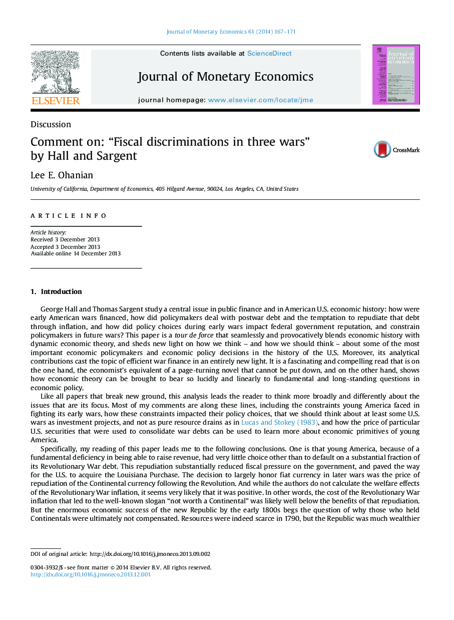 Comment on: “Fiscal discriminations in three wars” by Hall and Sargent