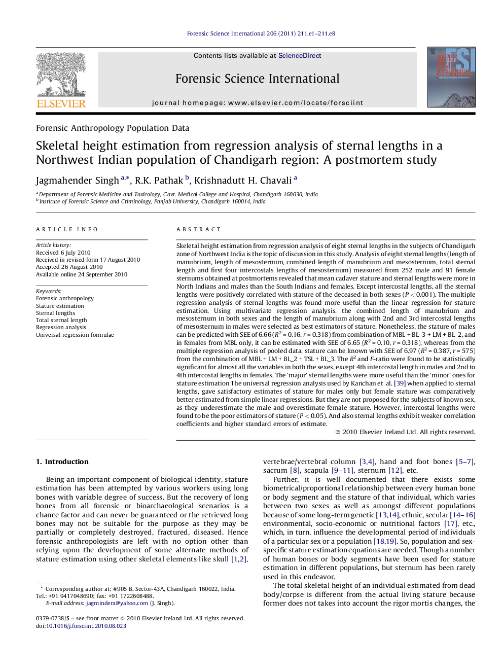 Skeletal height estimation from regression analysis of sternal lengths in a Northwest Indian population of Chandigarh region: A postmortem study