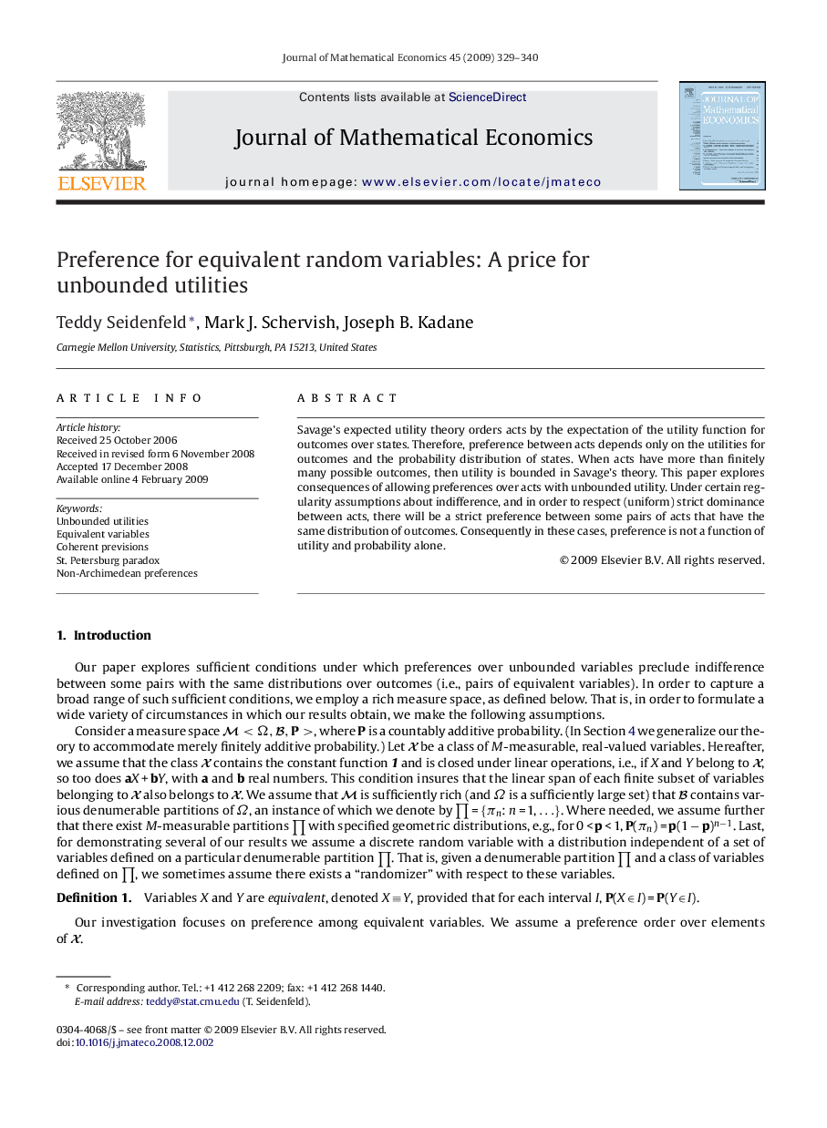 Preference for equivalent random variables: A price for unbounded utilities