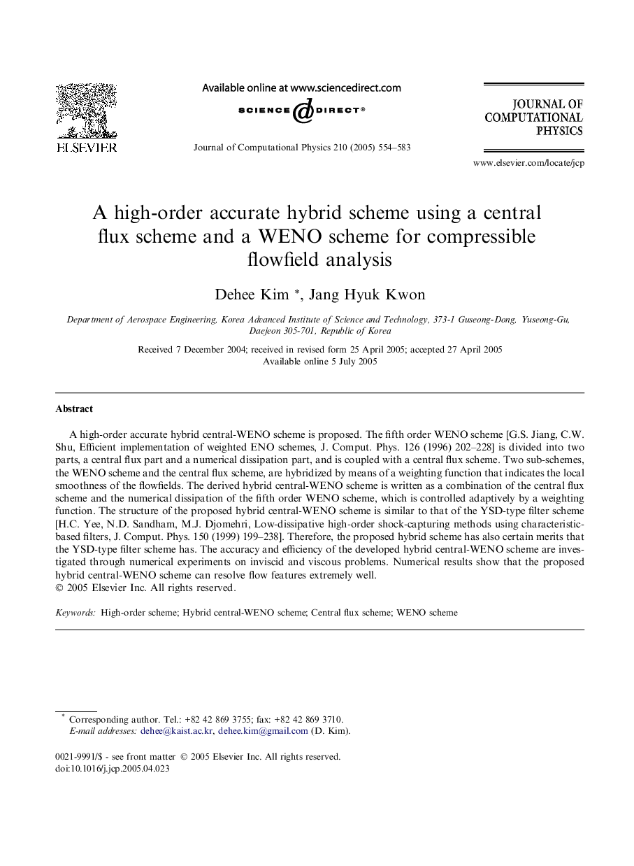 A high-order accurate hybrid scheme using a central flux scheme and a WENO scheme for compressible flowfield analysis