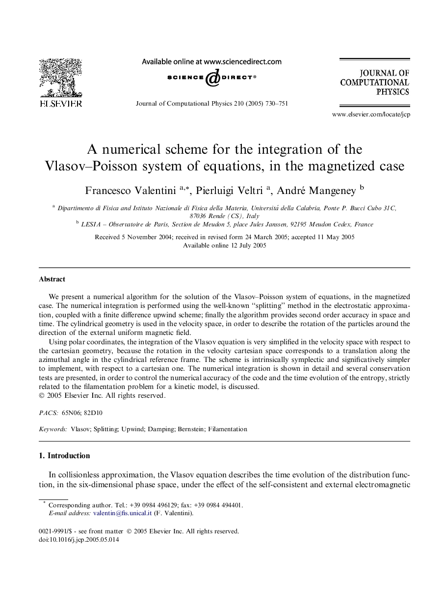 A numerical scheme for the integration of the Vlasov-Poisson system of equations, in the magnetized case