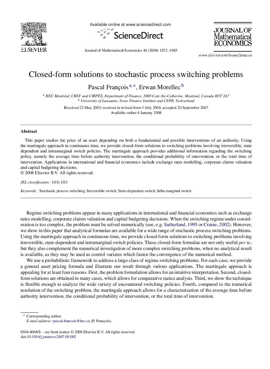 عکس صفحه اول مقاله: Closed-form solutions to stochastic process switching problems Closed-form solutions to stochastic process switching problems