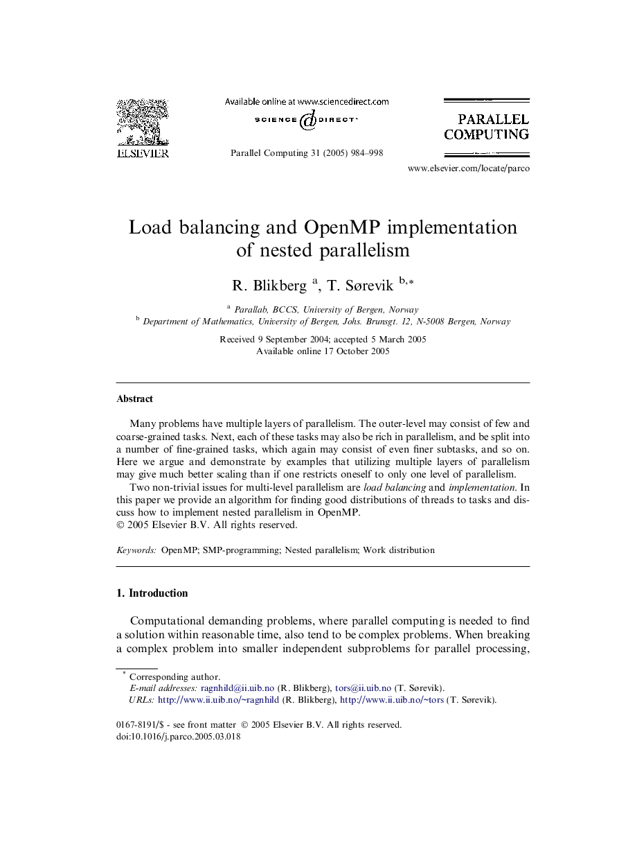 Load balancing and OpenMP implementation of nested parallelism