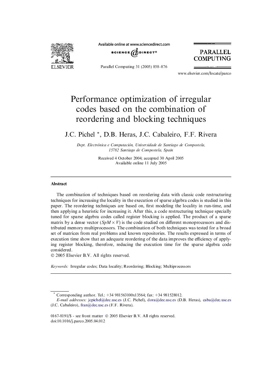 Performance optimization of irregular codes based on the combination of reordering and blocking techniques