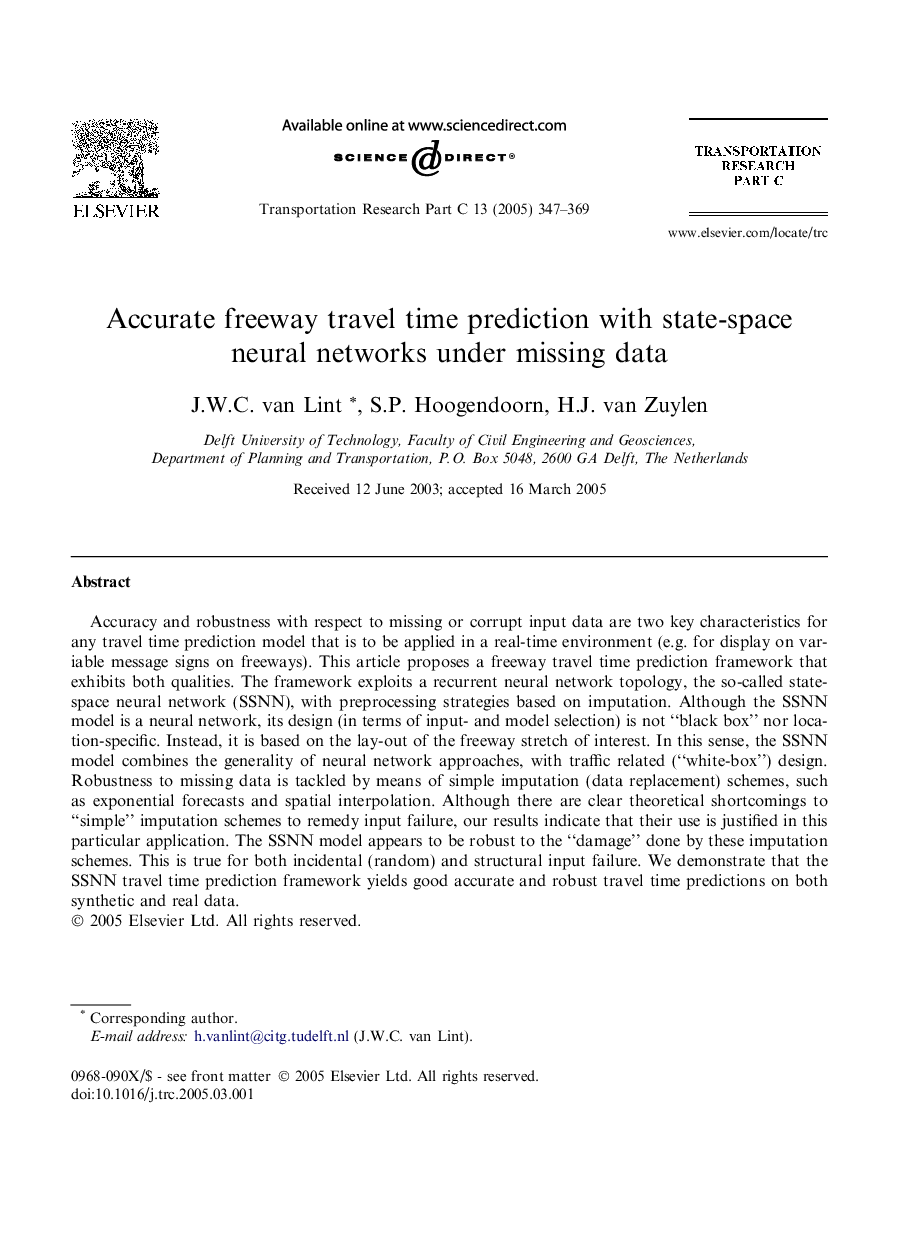 Accurate freeway travel time prediction with state-space neural networks under missing data