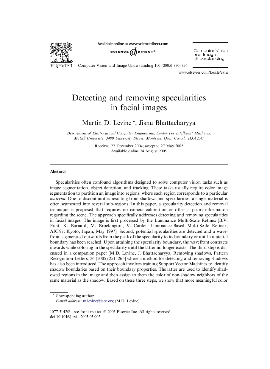 Detecting and removing specularities in facial images