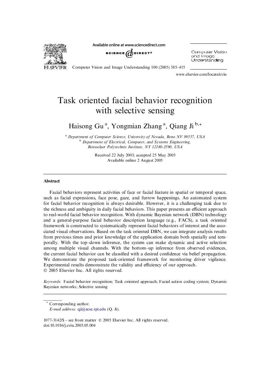 Task oriented facial behavior recognition with selective sensing