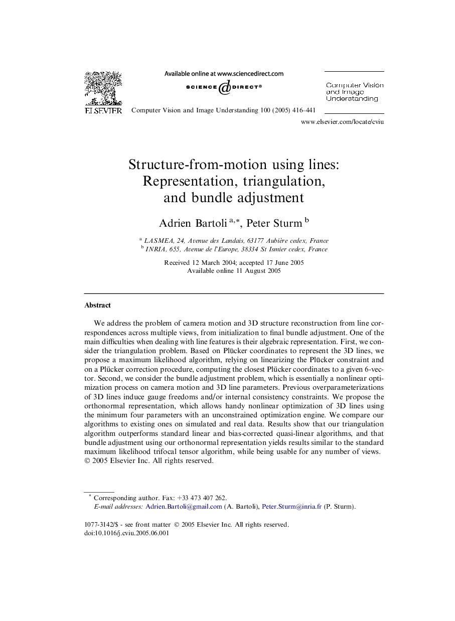 Structure-from-motion using lines: Representation, triangulation, and bundle adjustment