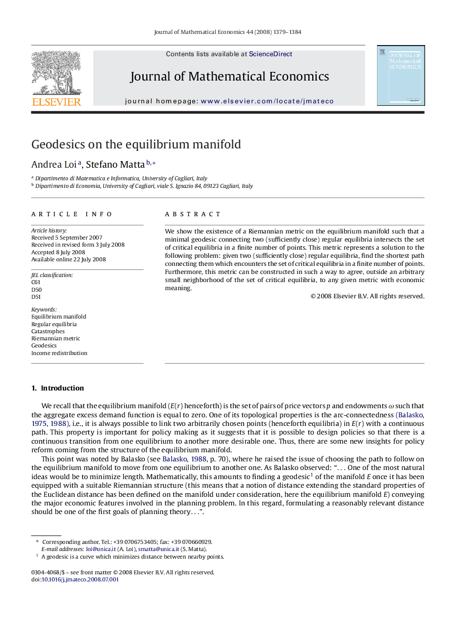 Geodesics on the equilibrium manifold