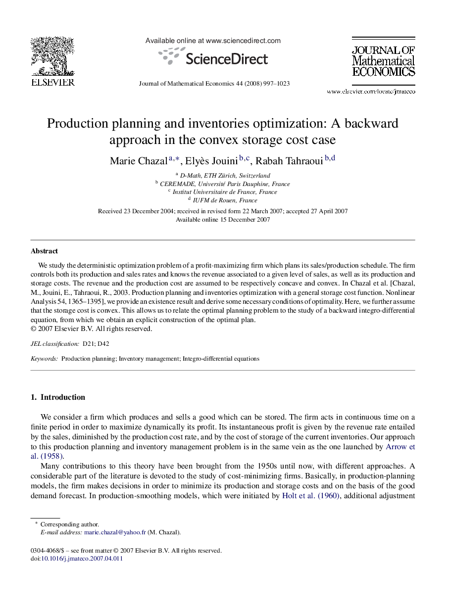 Production planning and inventories optimization: A backward approach in the convex storage cost case
