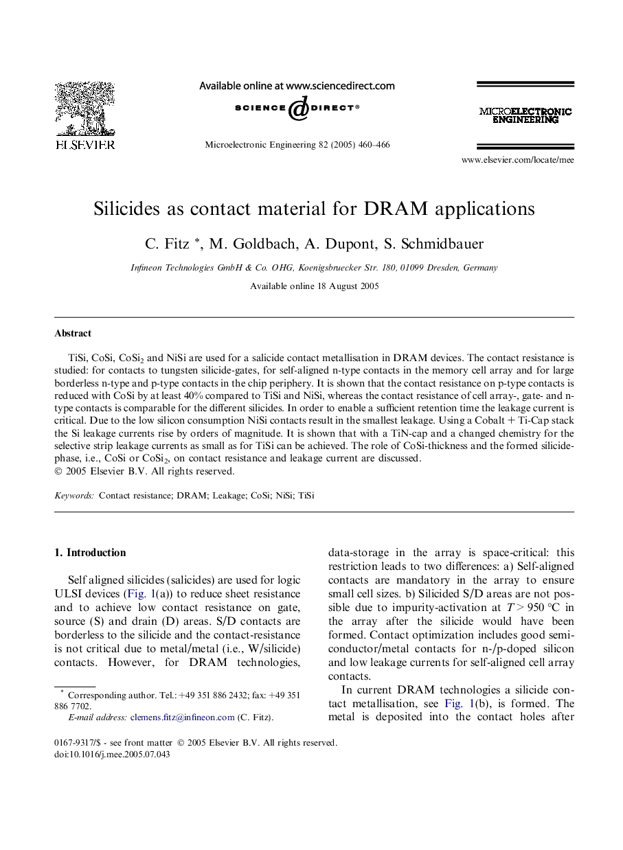 Silicides as contact material for DRAM applications