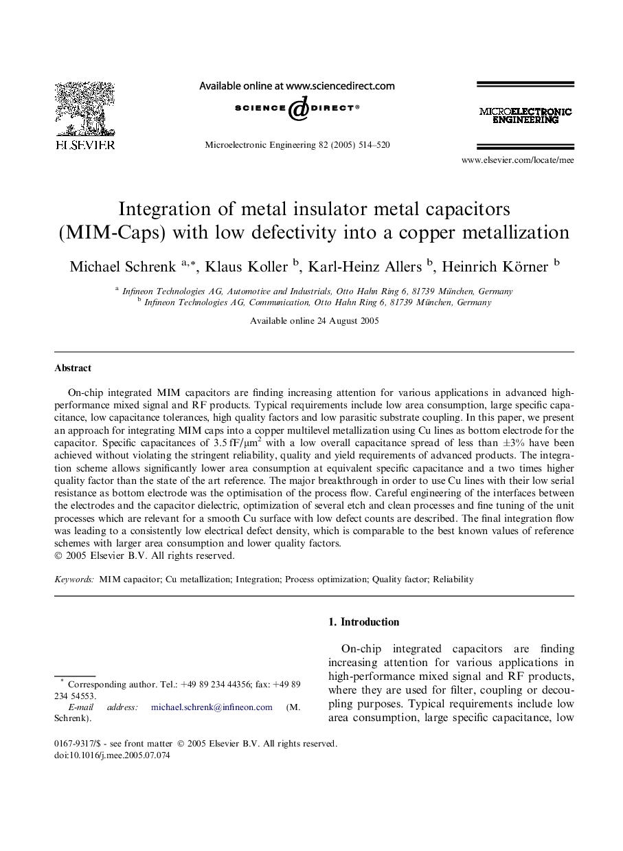 Integration of metal insulator metal capacitors (MIM-Caps) with low defectivity into a copper metallization
