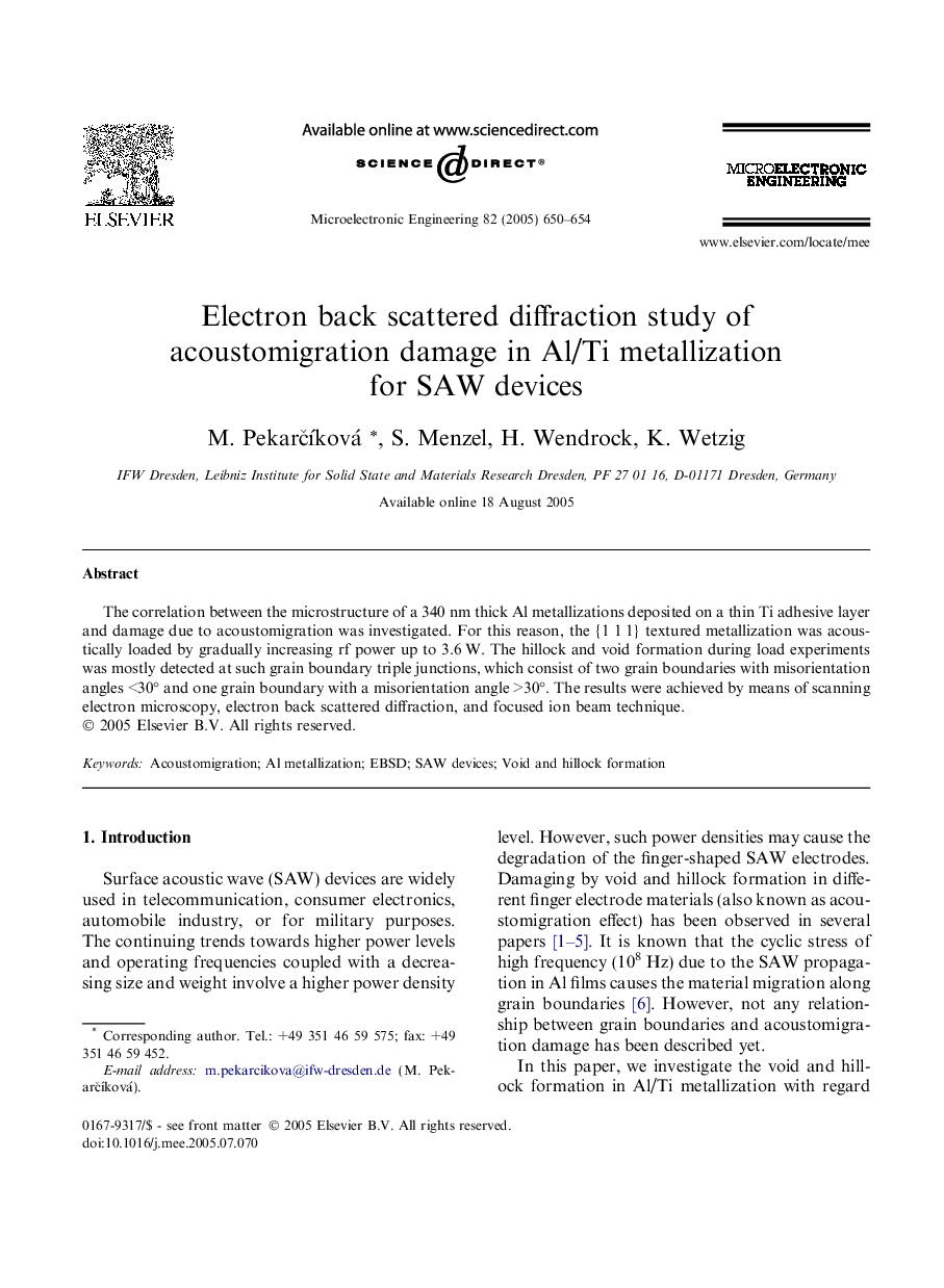 Electron back scattered diffraction study of acoustomigration damage in Al/Ti metallization for SAW devices