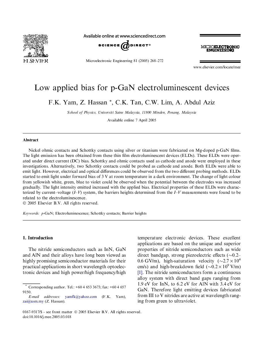 Low applied bias for p-GaN electroluminescent devices