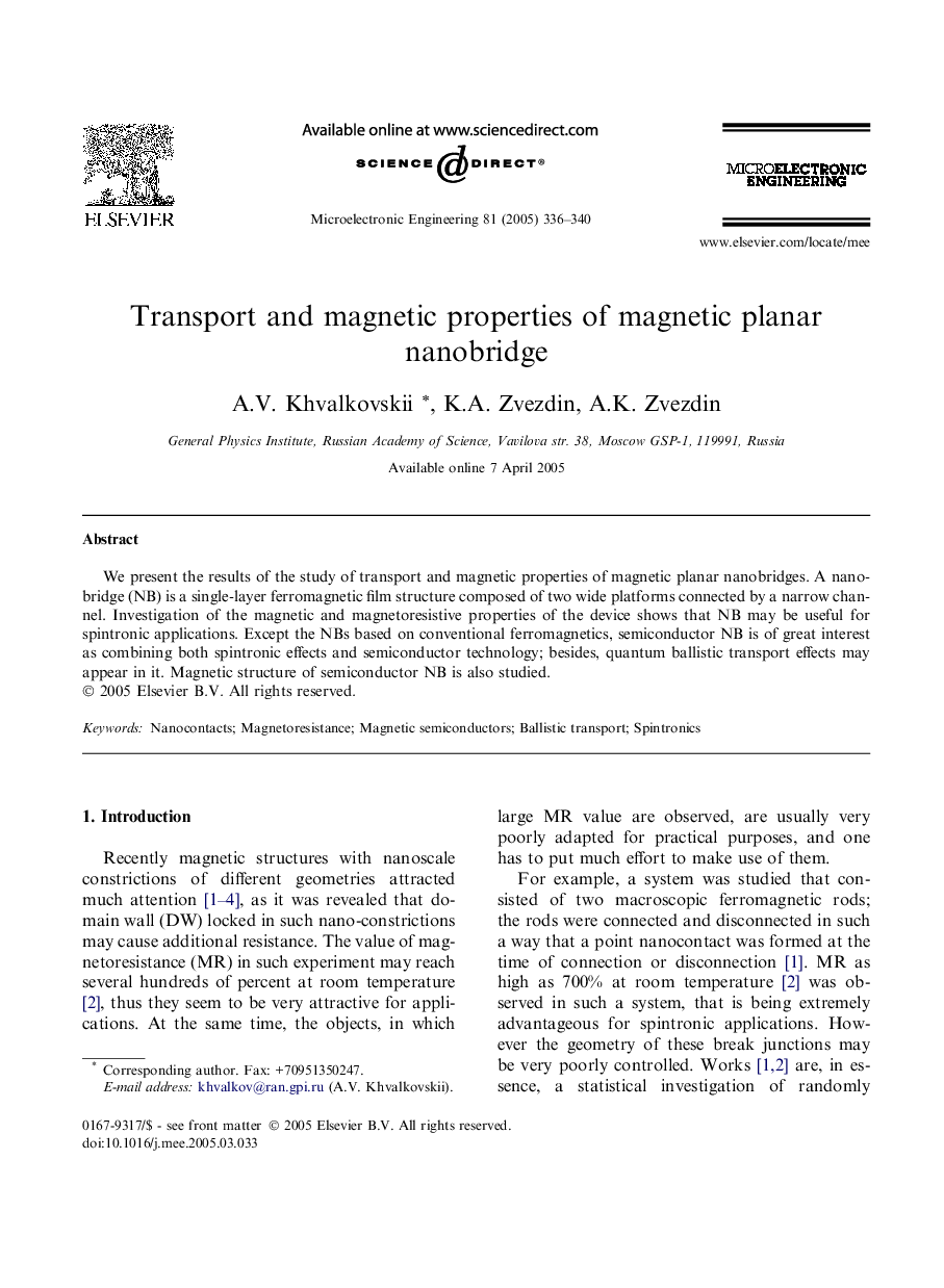 Transport and magnetic properties of magnetic planar nanobridge