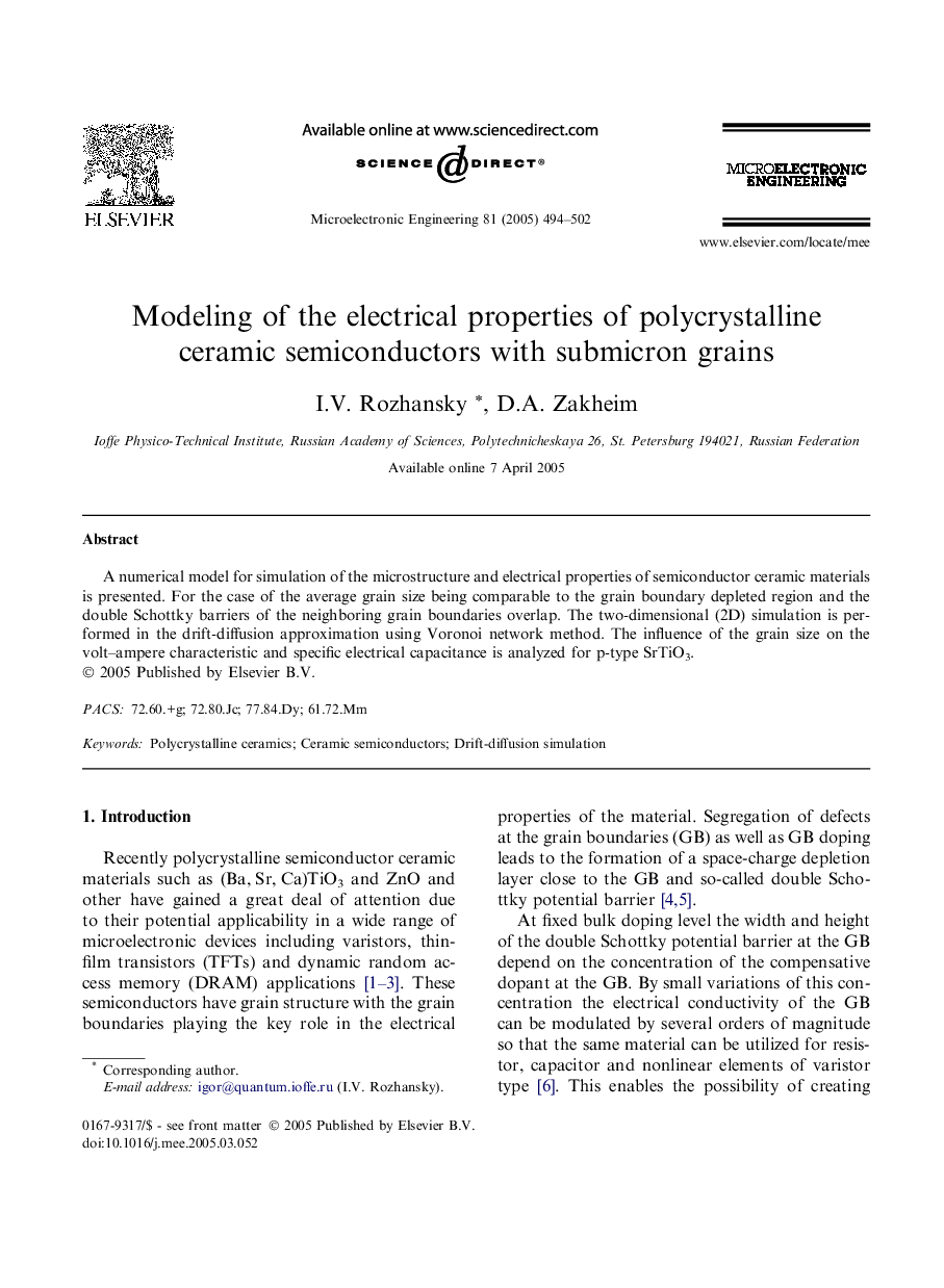 Modeling of the electrical properties of polycrystalline ceramic semiconductors with submicron grains