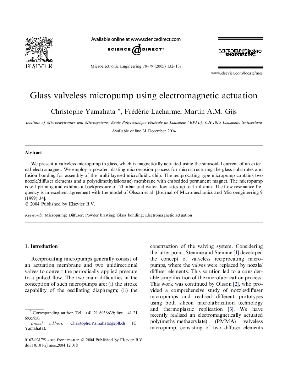 Glass valveless micropump using electromagnetic actuation