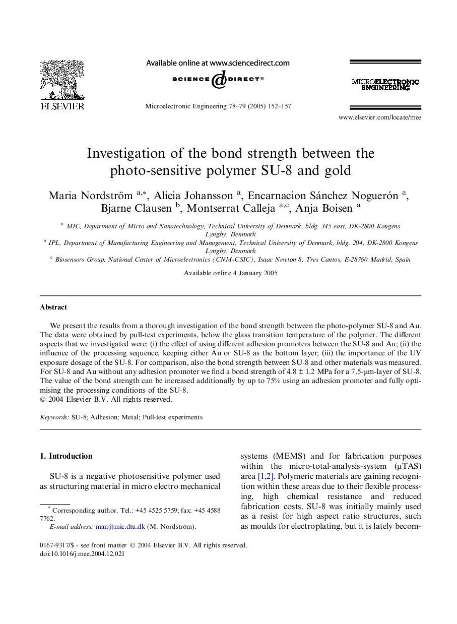 عکس صفحه اول مقاله: Investigation of the bond strength between the photo-sensitive polymer SU-8 and gold Investigation of the bond strength between the photo-sensitive polymer SU-8 and gold