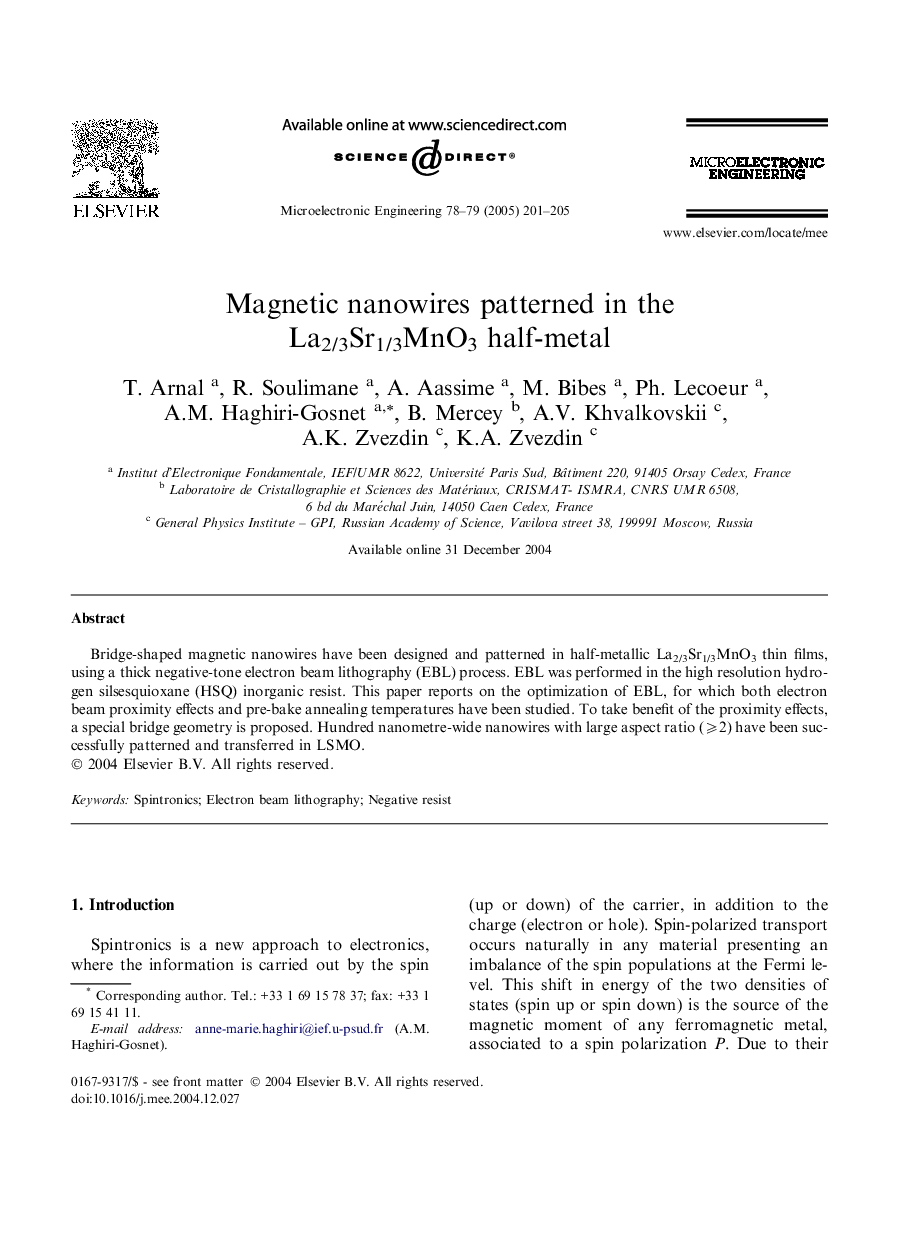 Magnetic nanowires patterned in the La2/3Sr1/3MnO3 half-metal