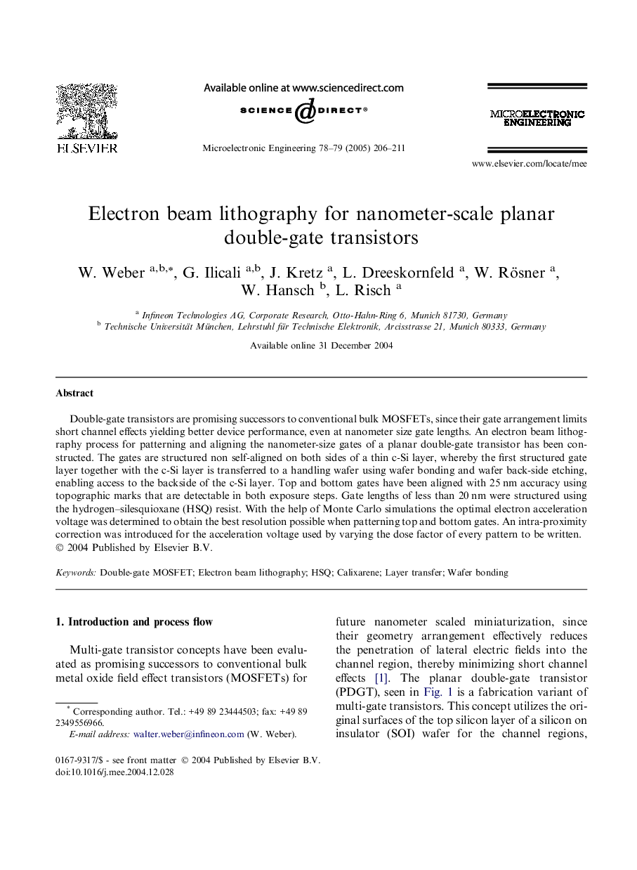 Electron beam lithography for nanometer-scale planar double-gate transistors