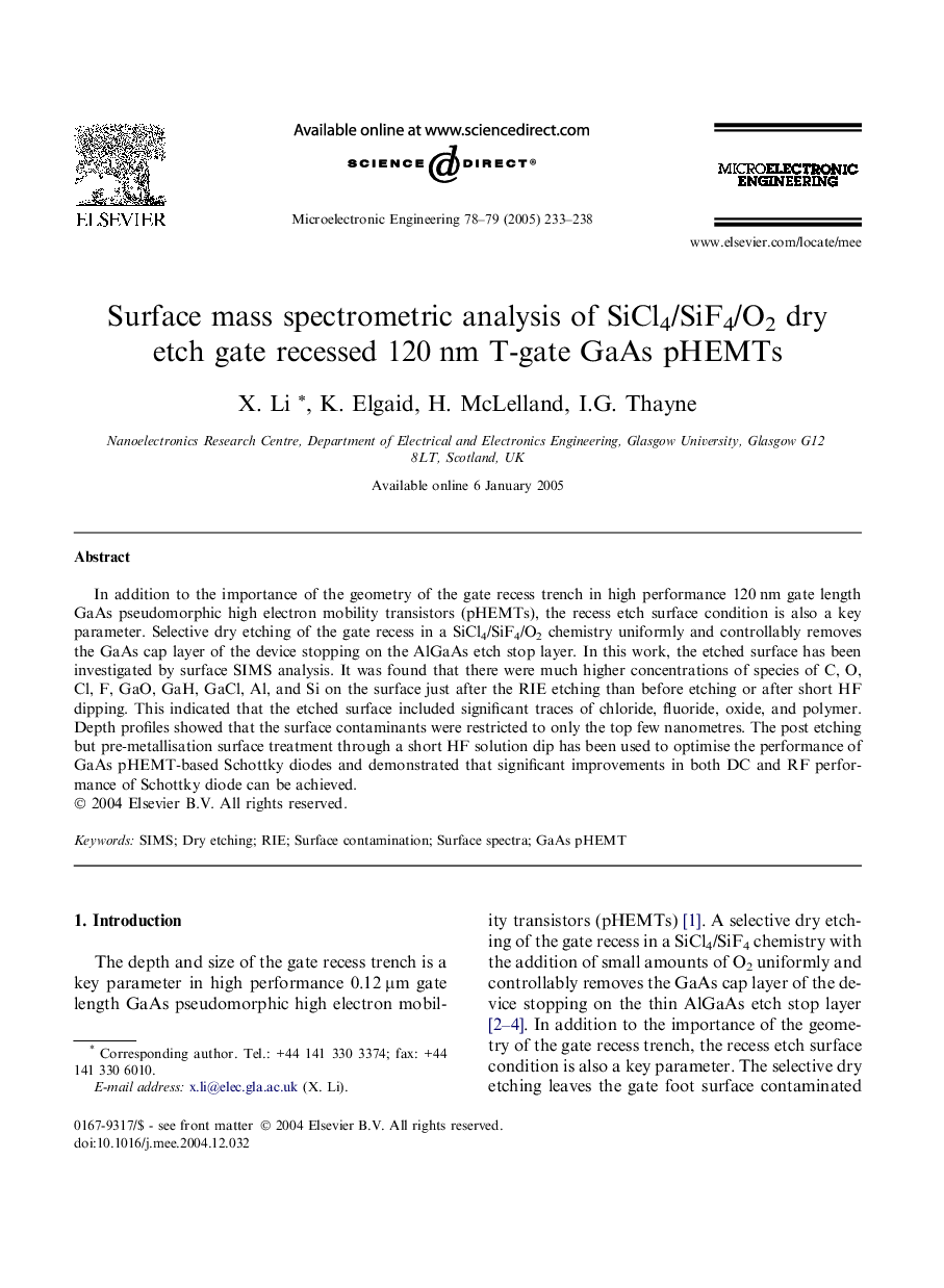 Surface mass spectrometric analysis of SiCl4/SiF4/O2 dry etch gate recessed 120Â nm T-gate GaAs pHEMTs