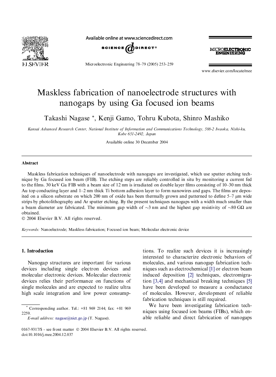 Maskless fabrication of nanoelectrode structures with nanogaps by using Ga focused ion beams